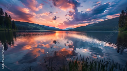 A serene sunset over a calm lake.