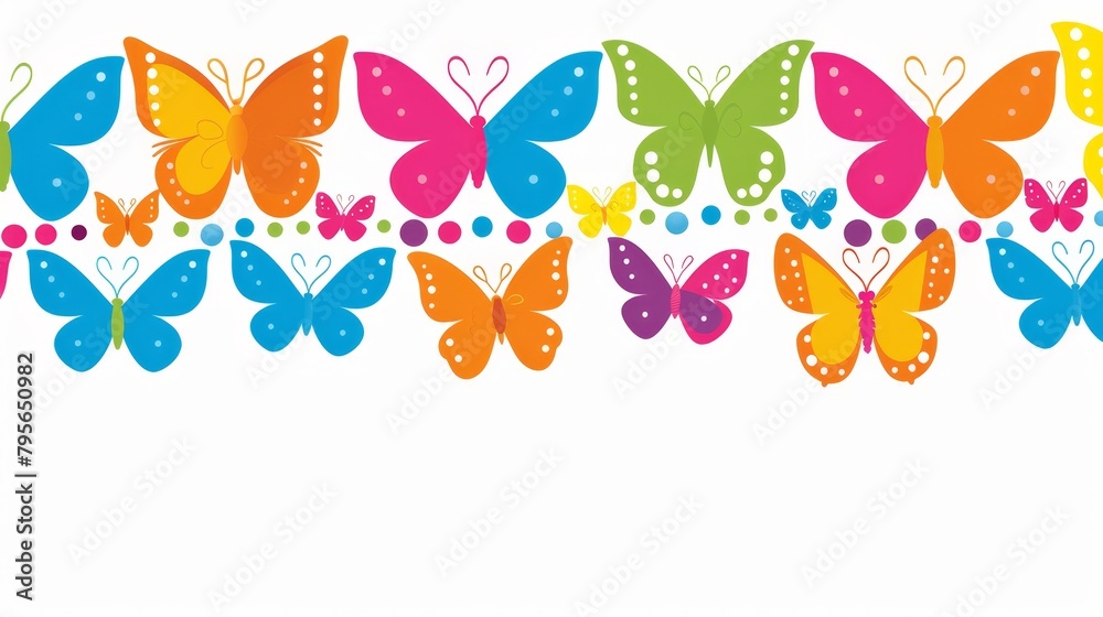   A group of multicolored butterflies against a white backdrop, with a row of smaller butterflies situated in the image's center