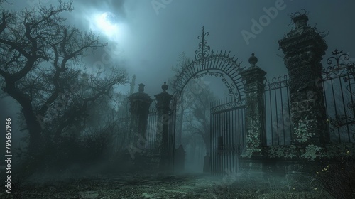 A haunting ambiance envelops the moonlit cemetery gates as an eerie fog sets the stage for spectral encounters in this classic horror scene.