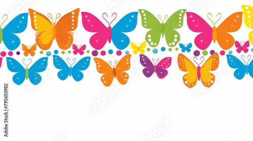  A group of multicolored butterflies against a white backdrop, with a row of smaller butterflies situated in the image's center