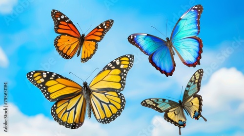  A group of butterflies flies against a blue sky, with clouds scattering in the background