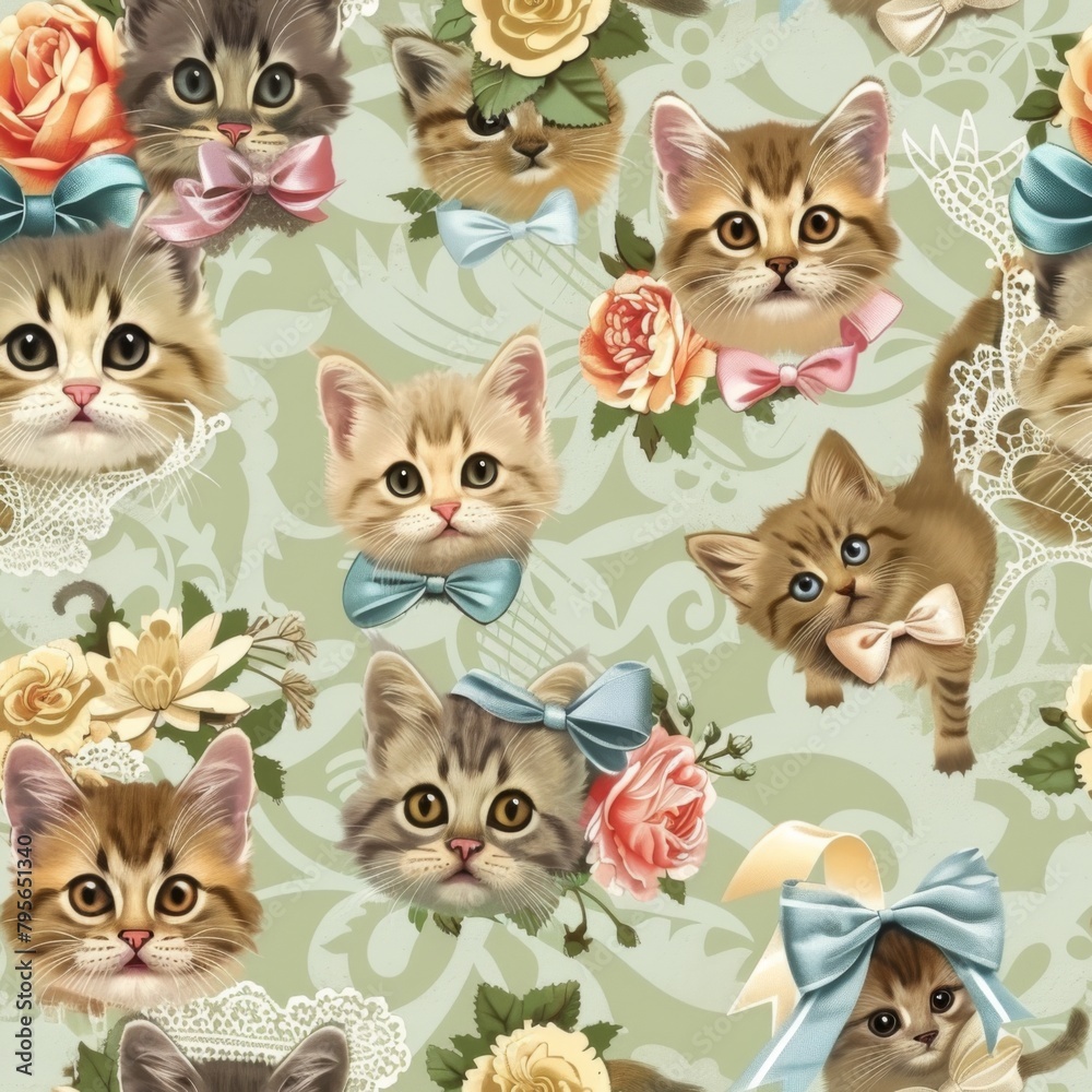 Whimsical Vintage Cat and Floral Pattern Wallpaper Design