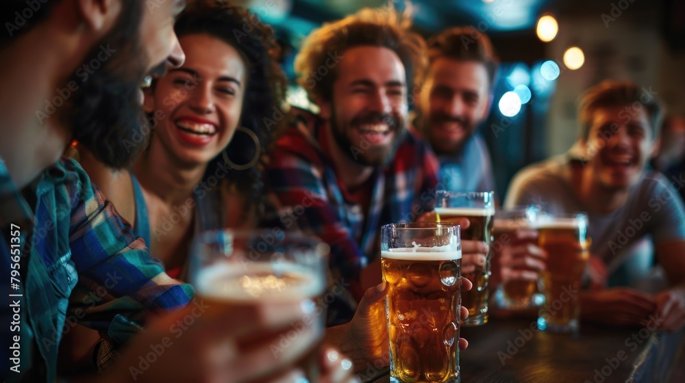 Cheerful Friends Enjoying Beers at Trendy Bar Night Out