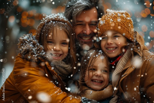 A joyful group with a man and children embracing in the snow, surrounded by night lights