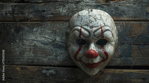 A chilling image capturing an aged clown mask, ominously suspended on a barn wall, ideal for a circus-inspired horror setting. photo