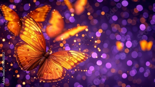  A tight shot of a butterfly in flight against a hazy backdrop of vibrant purple and yellow lights
