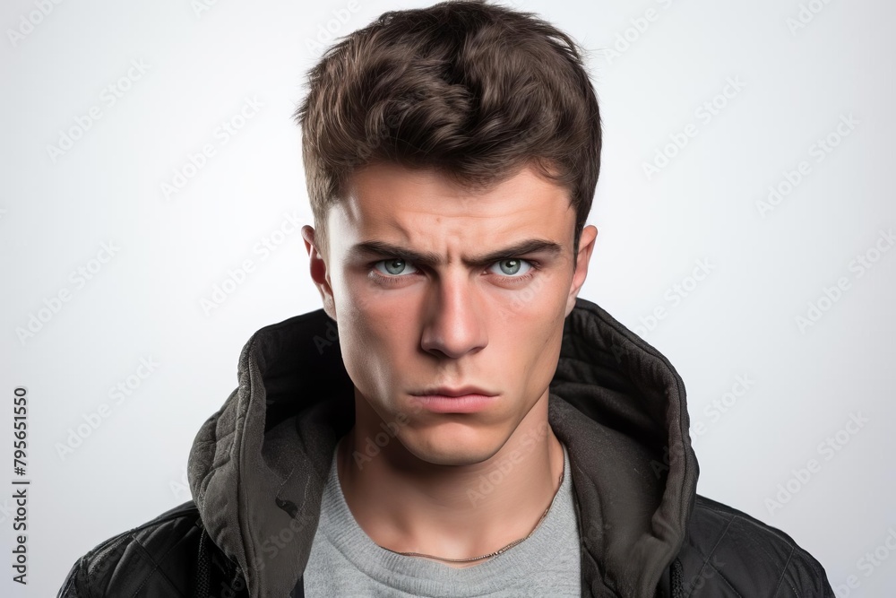 Closeup portrait of an angry young model with an intense expression, isolated on a white background, highlighting facial emotions Closeup portrait of an angry young model with an intense expression, isolated on a white background, highlighting facial emotions