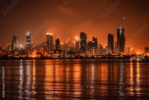 Beautiful Mumbai s skyline illuminated by spectacular fireworks. Ai generated