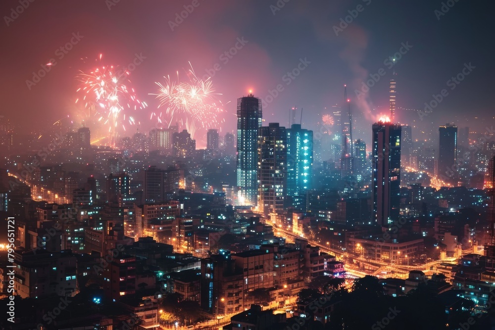 Beautiful Mumbai's skyline illuminated by spectacular fireworks. Ai generated