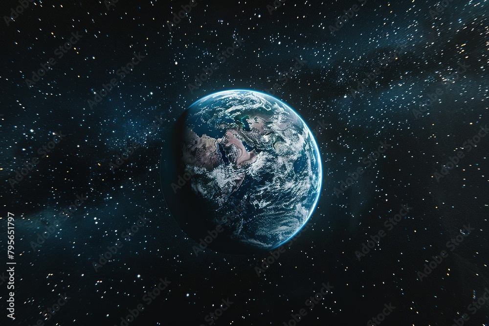 Fototapeta premium Full view of planet Earth slowly rotating in high quality, with atmosphere and starry background