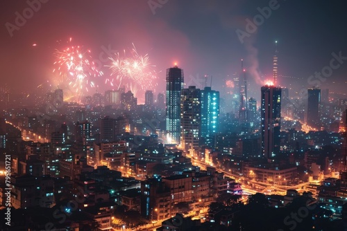Beautiful Mumbai s skyline illuminated by spectacular fireworks. Ai generated