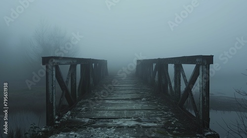 Photograph of a desolate bridge in a foggy landscape, evoking feelings of isolation and suspense, ideal for mystery thrillers.