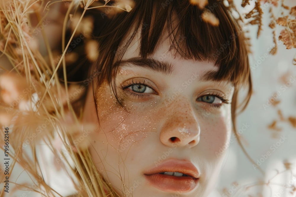 Serene Woman with Freckles Surrounded by Nature