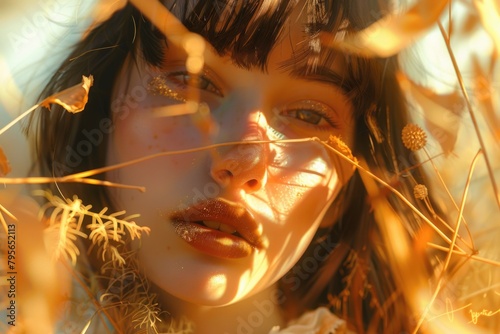 Golden Hour Beauty: Close-up Portrait of a Young Woman Amidst Autumn Foliage