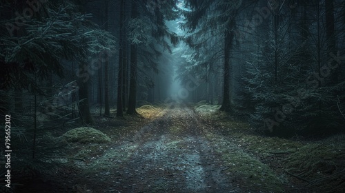 A chilling journey beckons down a shadowy path into the eerie depths of a foreboding forest, ideal for spine-tingling tales. photo