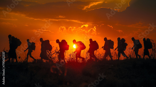 2. Fleeing Home: Silhouettes of refugees trek across rugged terrain, their figures illuminated by the harsh glow of a setting sun, as they flee violence and persecution in search o