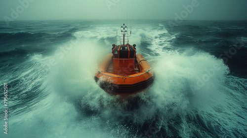 3. Rescue at Sea: A rescue boat navigates treacherous waters, its crew scanning the horizon for signs of distressed refugees, whose makeshift vessels bob perilously amidst the wave