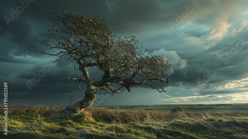 An eerie sight of an ancient tree with gnarled branches silhouetted against a tumultuous sky evoking nature s fury and otherworldly energies.