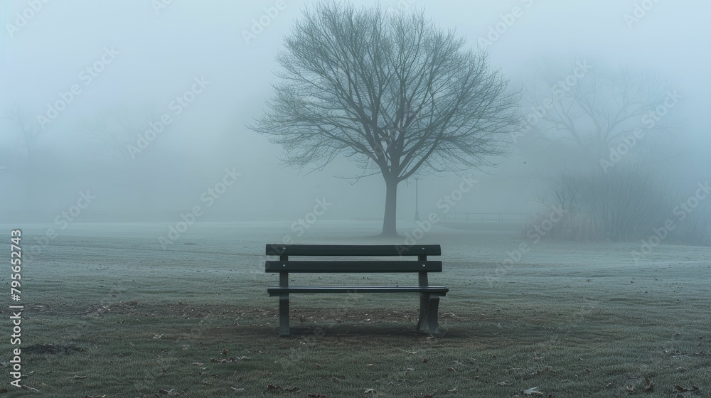 Photograph of a misty park with a single empty bench, evoking loneliness and the eerie quiet of early morning fog.