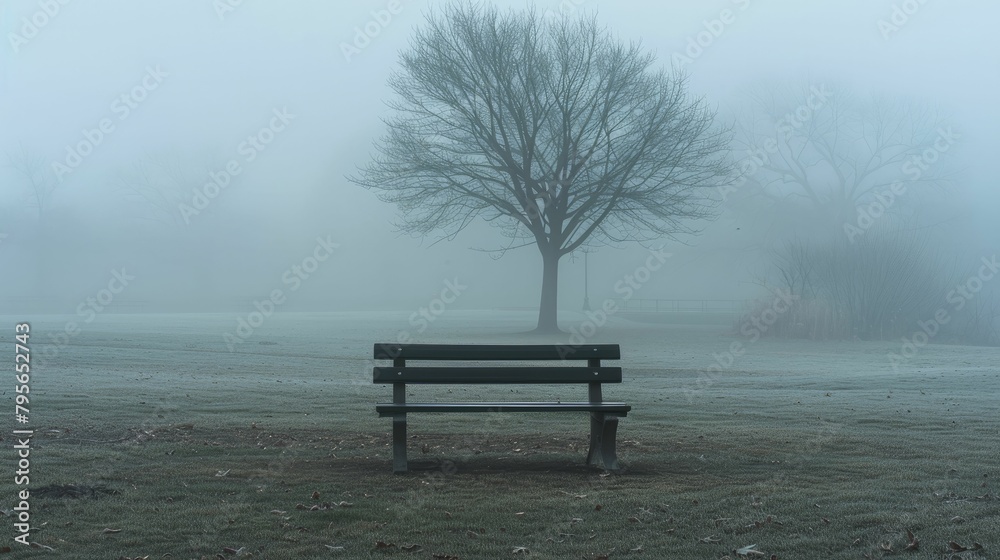 Photograph of a misty park with a single empty bench, evoking loneliness and the eerie quiet of early morning fog. Photograph of a misty park with a single empty bench, evoking loneliness and the eerie quiet of early morning fog.