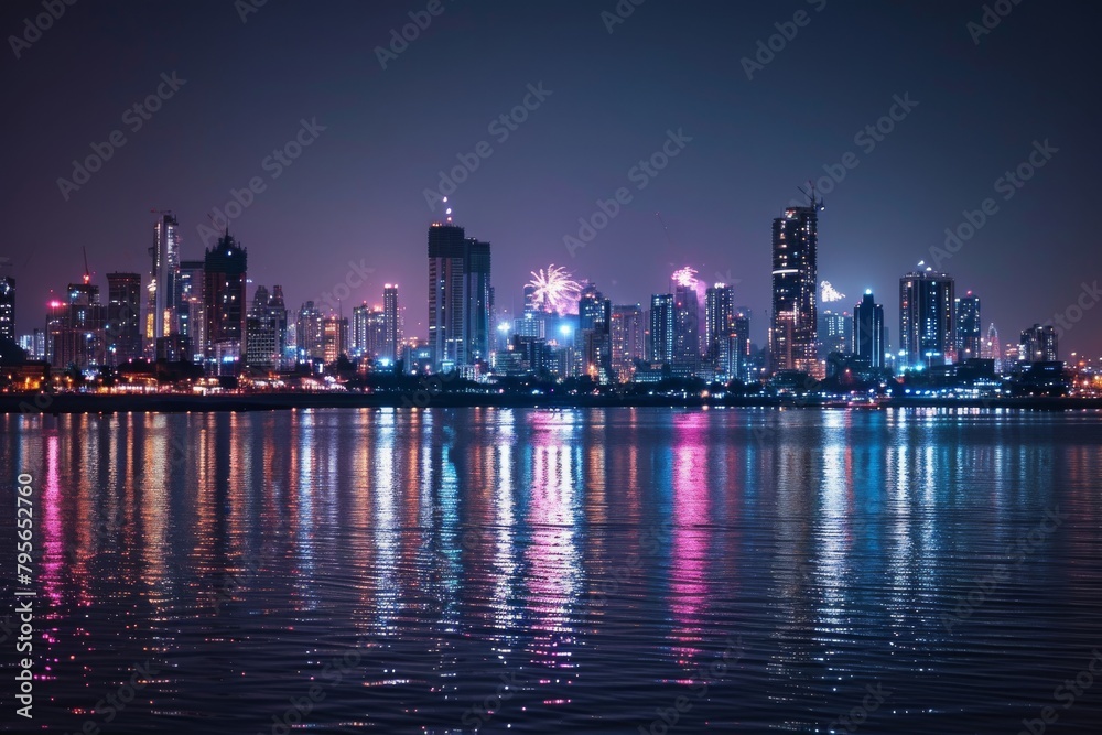 Fototapeta premium Beautiful Mumbai's skyline illuminated by spectacular fireworks. Ai generated