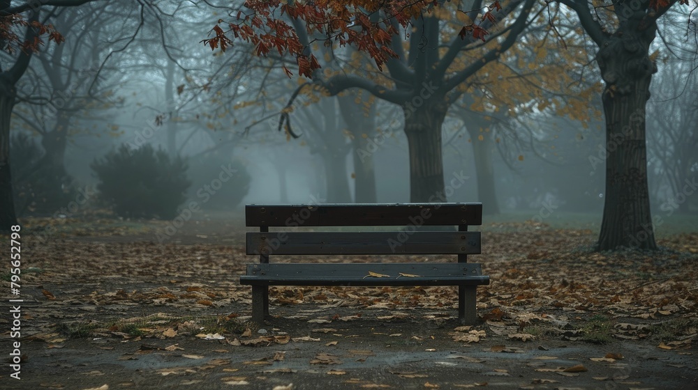 The solitary bench in the mist-shrouded park whispers tales of solitude amidst the eerie hush of dawn's foggy embrace.
