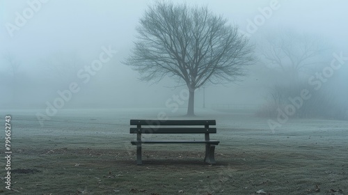 Photograph of a misty park with a single empty bench  evoking loneliness and the eerie quiet of early morning fog.