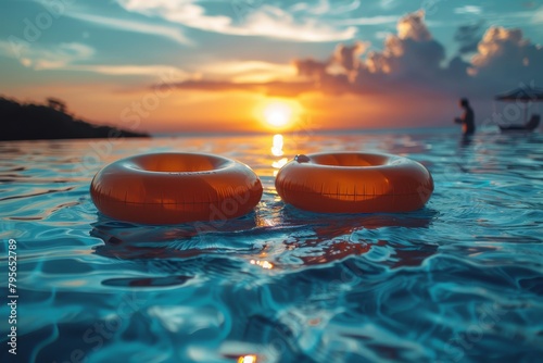 A tranquil image capturing two vibrant orange inflatable rings gently bobbing on the serene waters of a pool against a stunning sunset backdrop