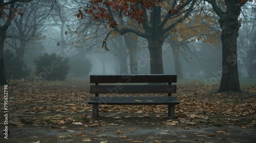 The solitary bench in the mist-shrouded park whispers tales of solitude amidst the eerie hush of dawn's foggy embrace. photo