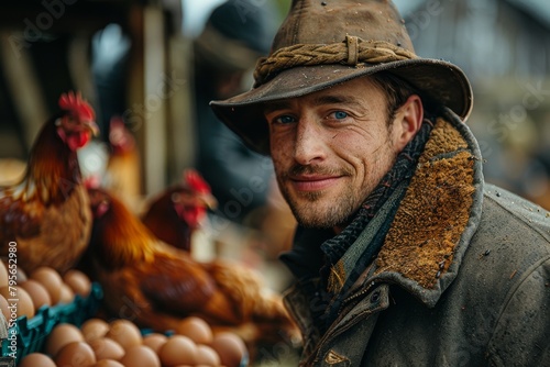 A happy younger farmer with facial hair grins confidently at a market, surrounded by chickens photo