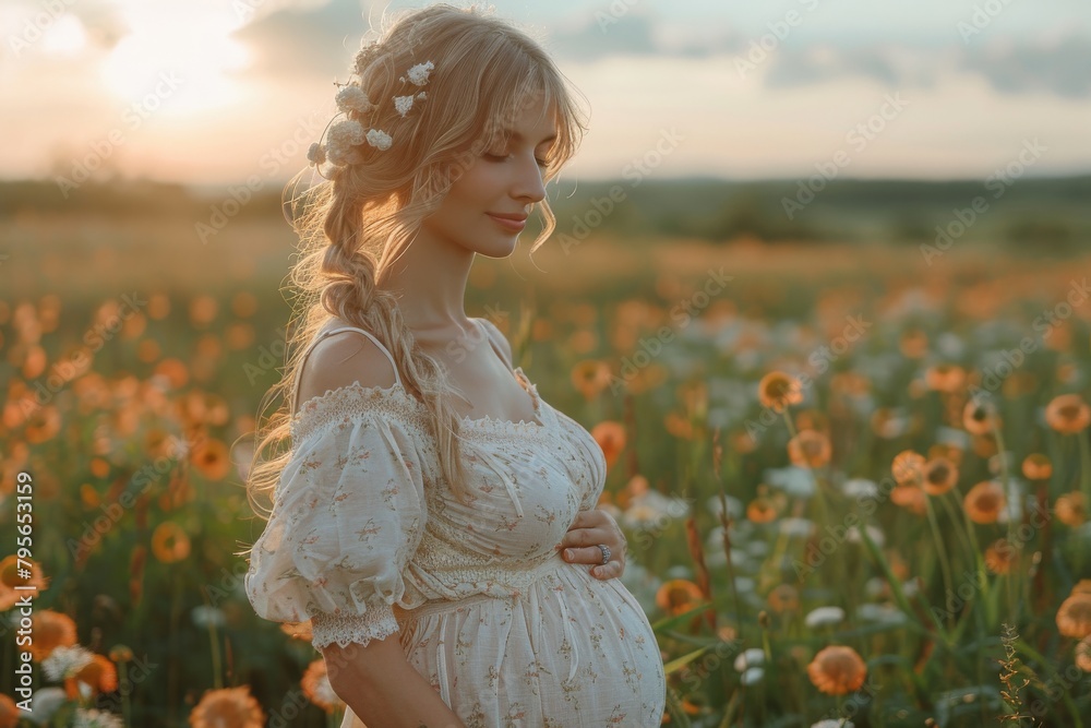 A serene pregnant woman in a delicate white dress stands among a field of vibrant flowers at sunset A serene pregnant woman in a delicate white dress stands among a field of vibrant flowers at sunset