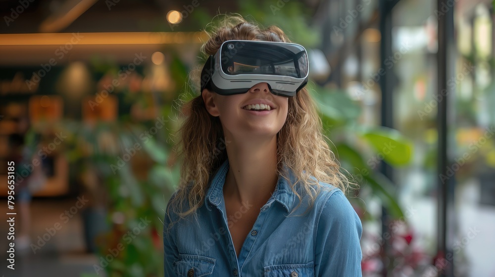 a Dutch woman, adorned in white VR glasses and a casual blue outfit, as she gazes sideways and upwards in a modern office setting, blending technology and fashion seamlessly. a Dutch woman, adorned in white VR glasses and a casual blue outfit, as she gazes sideways and upwards in a modern office setting, blending technology and fashion seamlessly.