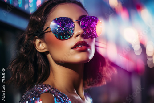 Glamorous Woman in Purple Sunglasses and Sequined Dress