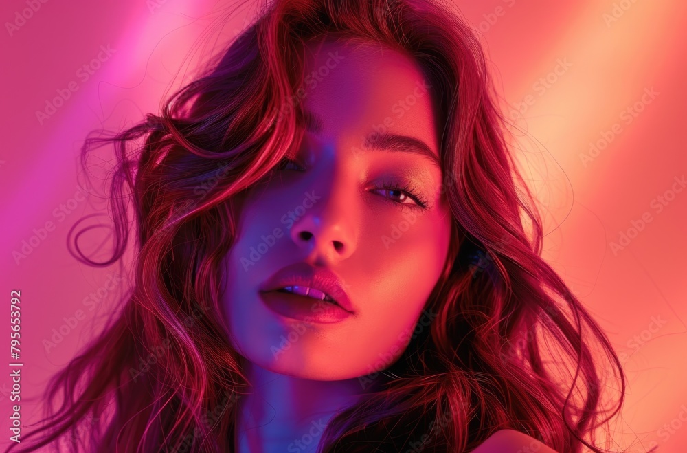 Vibrant Neon Glow Portrait of a Young Woman in Red and Blue Light Vibrant Neon Glow Portrait of a Young Woman in Red and Blue Light