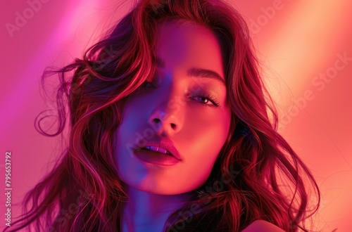 Vibrant Neon Glow Portrait of a Young Woman in Red and Blue Light