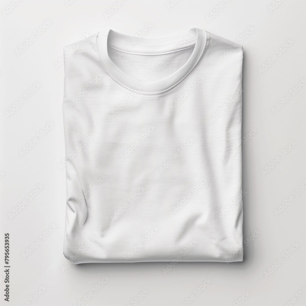 Bright white Crew Neck T-Shirt Folded on Plain Background - Casual Apparel Mockup, Fashion Design Template Bright white Crew Neck T-Shirt Folded on Plain Background - Casual Apparel Mockup, Fashion Design Template