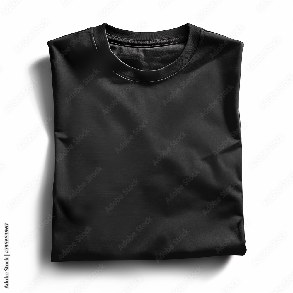 Bright black Crew Neck T-Shirt Folded on Plain Background - Casual Apparel Mockup, Fashion Design Template Bright black Crew Neck T-Shirt Folded on Plain Background - Casual Apparel Mockup, Fashion Design Template