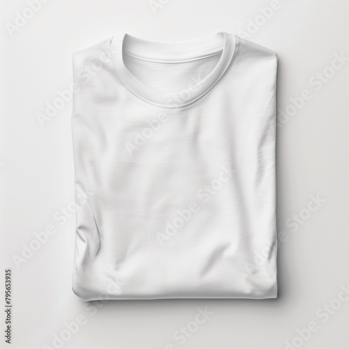 Bright white Crew Neck T-Shirt Folded on Plain Background - Casual Apparel Mockup, Fashion Design Template