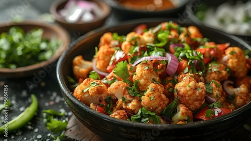 Vibrant street food scene with dynamic lighting showcasing spiced cauliflower delight. Concept Street Food Photography, Cauliflower Dish, Vibrant Lighting, Food Styling photo