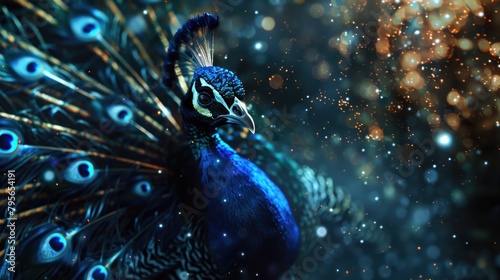 Majestic Peacock Displaying Vibrant Plumage with Shimmering Bokeh photo