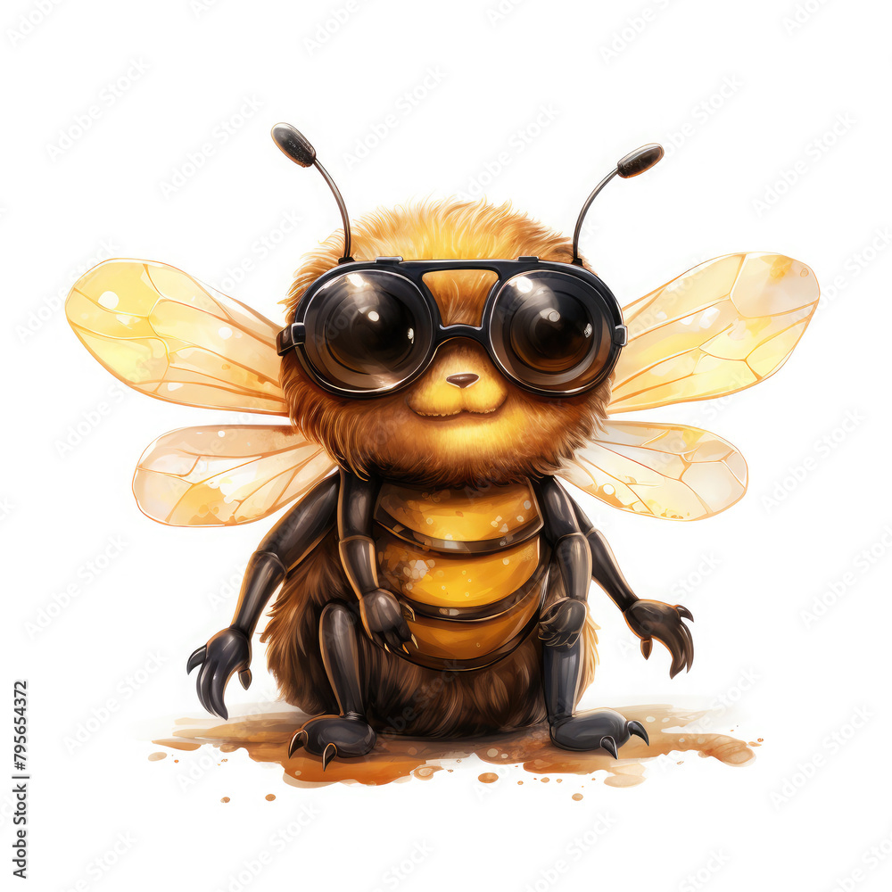 Fototapeta premium Watercolor bee wearing sunglasses, clipart Illustration, Generative Ai