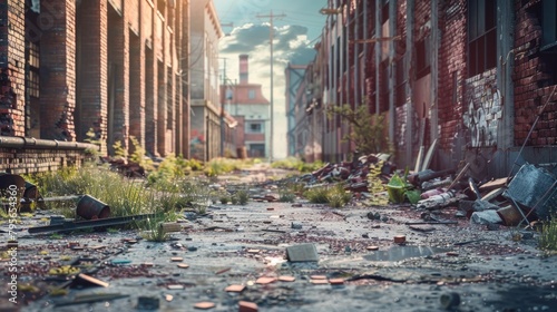 Abandoned Urban Alleyway with Overgrown Vegetation and Debris photo