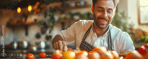 Man cooks with fresh ingredients in kitchen