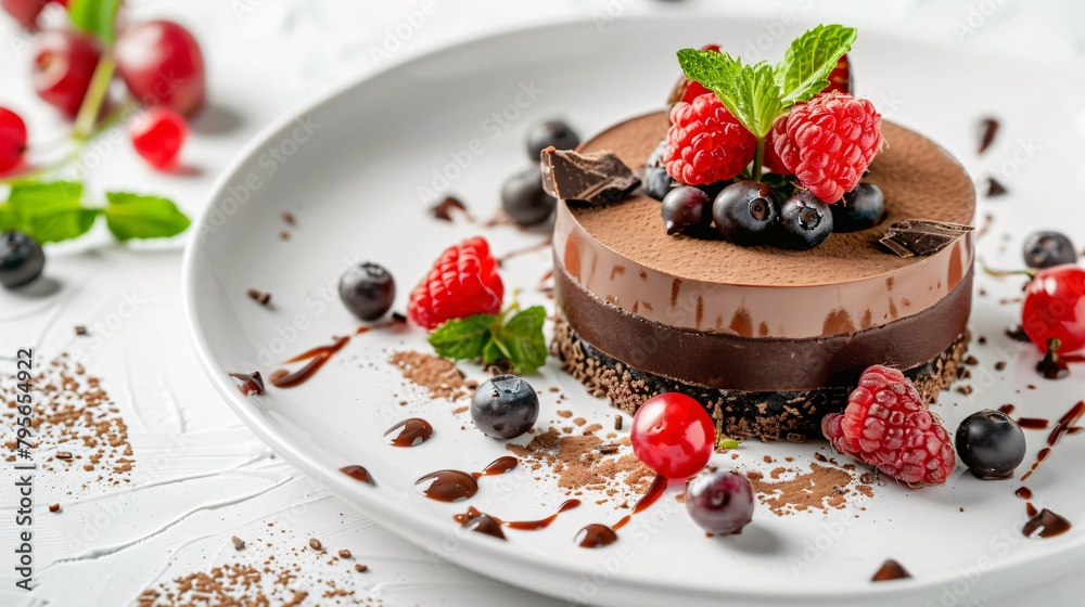 Front view of a delicious chocolate dessert decorated with fresh fruits and mint leaves on white table Front view of a delicious chocolate dessert decorated with fresh fruits and mint leaves on white table