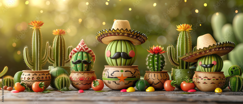 a cactus-themed photo booth with props like sombreros and mustaches for Cinco de Mayo, banner wallpaper