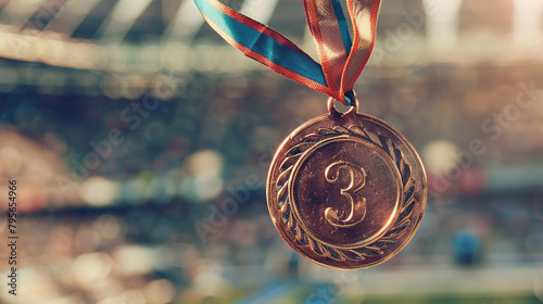 Close-up of a bronze medal against the background of a blurred stadium at the Olympic Games, award at the championship or Olympics for 3rd place, bronze medal