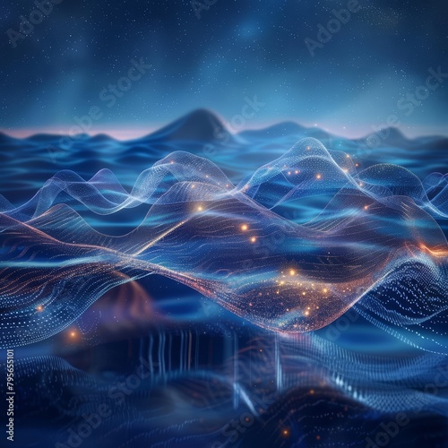 Quantum waves mimic the gentle ebb and flow of ocean tides, illustrating the rhythmic balance of nature in a hightech world, background concept
