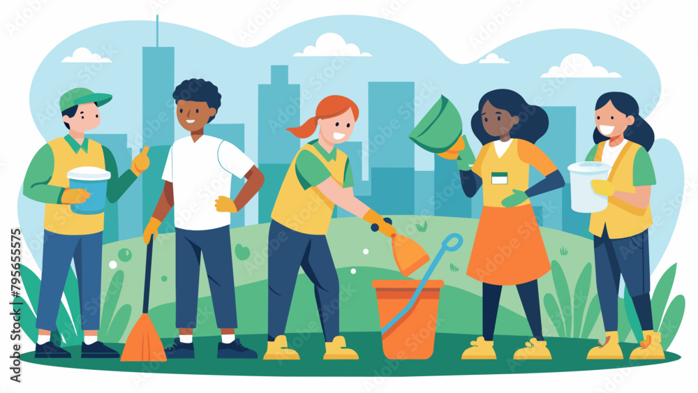 Naklejka premium A team of martial artists volunteering at a citywide cleanup event showcasing the values of respect and responsibility that they have learned