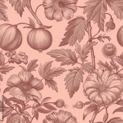 Vintage Botanical Illustration with Flowers and Berries on Pink Background