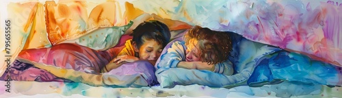 Siblings build a fort from blankets, their secret world brought to life in soft, charming watercolor, full of imagination, bright water color